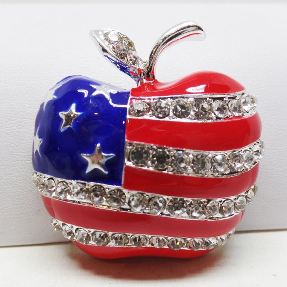 Patriotic American Flag Crystal Apple Brooch - Picture 1 of 3
